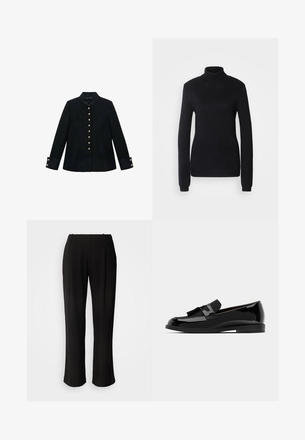 Črna jakna z mandarin ovratnikom, z zlatimi gumbi, ki je prirejena po telesu, in kontrastnimi manšetami iz teksturirane tkanine.; Črn pulover z visoko ovratnikom, narejen iz mehkega pletenega materiala, ki ima dolge rokave in prilegajoč kroj z rebrastimi robovi na ovratniku in spodnjem robu.; Črne široke hlače iz lahkega materiala, ki imajo ravno sprednjo stran, naborke in klasičen pas.; Črne lakirane loafers čevlje z ravnim peto, ki imajo dodatek v obliki resic in gladko površino, oblikovane z zaobljenim nosom in subtilnim šivanjem.