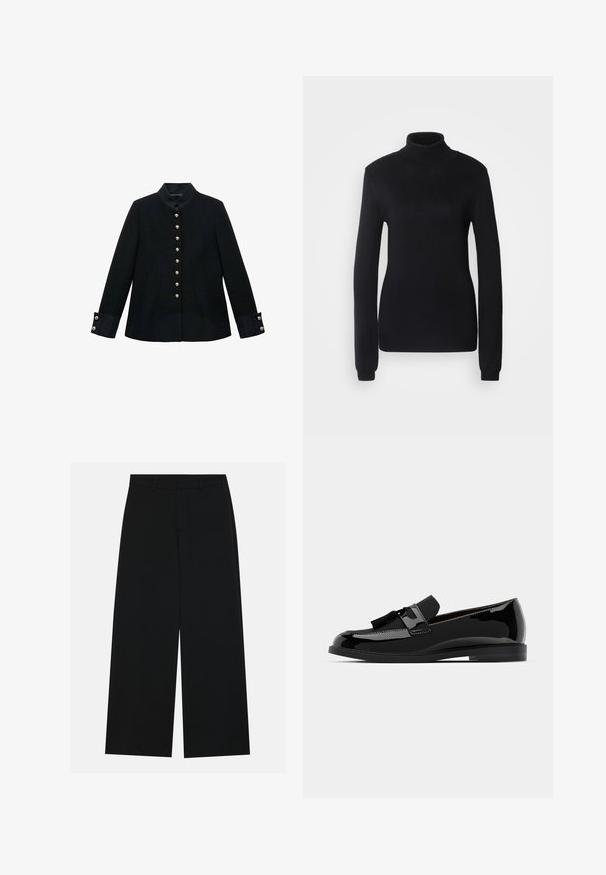 Schwarze Jacke mit Stehkragen, ausgestattet mit goldenen Knöpfen, taillierter Schnitt und kontrastierenden Ärmeln aus einem strukturierten Stoff.; Schwarzer Rollkragenpullover aus weichem Strickmaterial, mit langen Ärmeln und schmaler Silhouette sowie einem gerippten Kragen und Saum.; Schwarzweite Hosen mit weitem Bein aus glattem Stoff. Besitzt einen flachen Bund mit Gürtelschlaufen und ohne sichtbare Taschen. Schlichtes Design.; Schwarze Lackleder-Mokassins mit flachem Absatz, ausgestattet mit einem Quastenakzent und glatter Oberfläche, entworfen mit einer abgerundeten Zehe und subtiler Naht.