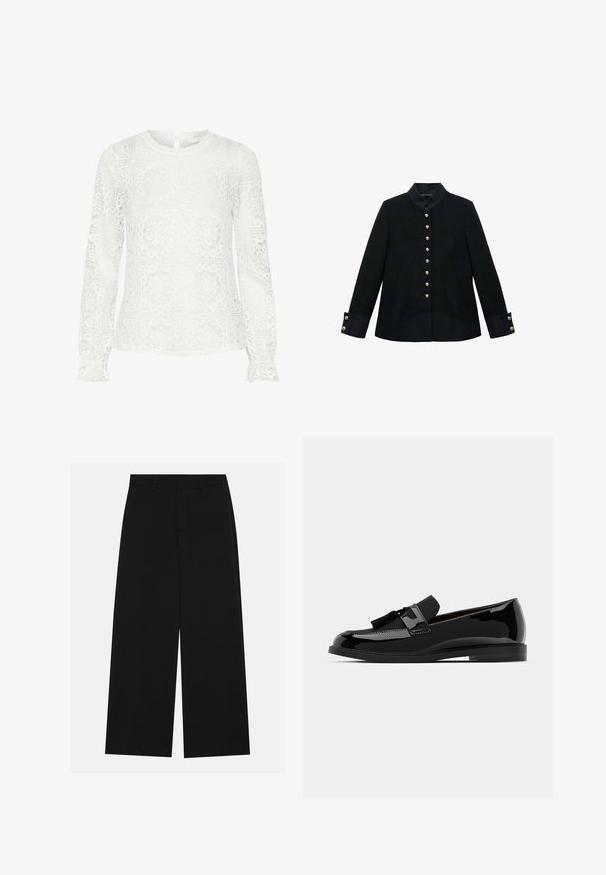 Schwarze Jacke mit Stehkragen, ausgestattet mit goldenen Knöpfen, taillierter Schnitt und kontrastierenden Ärmeln aus einem strukturierten Stoff.; Weiße Langarmbluse aus Spitzenstoff mit geometrischem Blumenmuster, einem geschwungenen Ausschnitt und Knopfverschluss am Rücken.; Schwarzweite Hosen mit weitem Bein aus glattem Stoff. Besitzt einen flachen Bund mit Gürtelschlaufen und ohne sichtbare Taschen. Schlichtes Design.; Schwarze Lackleder-Mokassins mit flachem Absatz, ausgestattet mit einem Quastenakzent und glatter Oberfläche, entworfen mit einer abgerundeten Zehe und subtiler Naht.