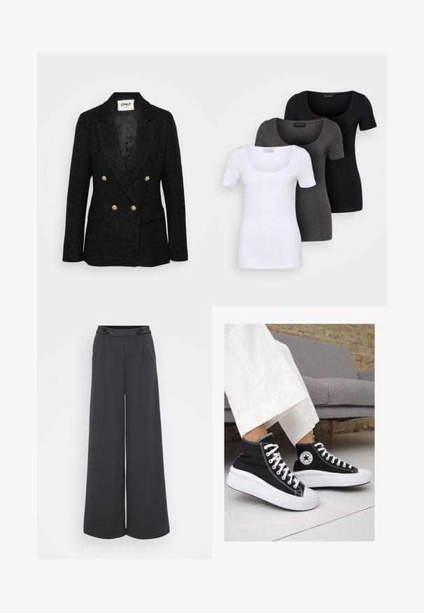 Melnas teksturētas žaketes ar dubulto pogu dizainu, zelta pogām, iegrieztām atlokām un divām sānu kabatām. Oderēta iekšpuse ar satīna apdari.; Trīs pieguļoši T-krekli baltā, pelēkā un melnā krāsā. Katram ir plaša izgriezuma kakla un īsas piedurknes. Izgatavoti no gluda, elastīga auduma.; Plati bikškostīmi tumši pelēkā audumā. Priekšpusē ir krokas un divi dekoratīvi pogas jostas daļā. Gluda tekstūra un pielāgota forma.; Melni kanvas augstpapēžu apavi ar baltām gumijas zolēm un auklām. Ievērojams aplis logotips sānos un kontrastējoša balta šuvums.