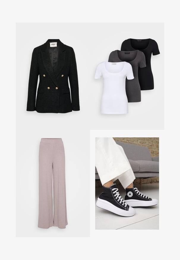 Zwarte gestructureerde blazer met een dubbel uitgevoerd ontwerp, gouden knopen, met een inslag geknipte revers en twee zijzakken. Voering met satijnen afwerking.; Drie getailleerde T-shirts in het wit, grijs en zwart. Elk met een brede ronde hals en korte mouwen. Gemaakt van gladde, rekbare stof.; Wijdvallende broek gemaakt van zachte, geribbelde stof in een licht mauve kleur. Voorzien van een elastische tailleband voor comfort en een vloeiende silhouette.; Zwarte canvas hoge sneakers met witte rubberen zolen en veters. Voorzien van een cirkelvormig logo aan de zijkant en contrasterende witte stiksels.
