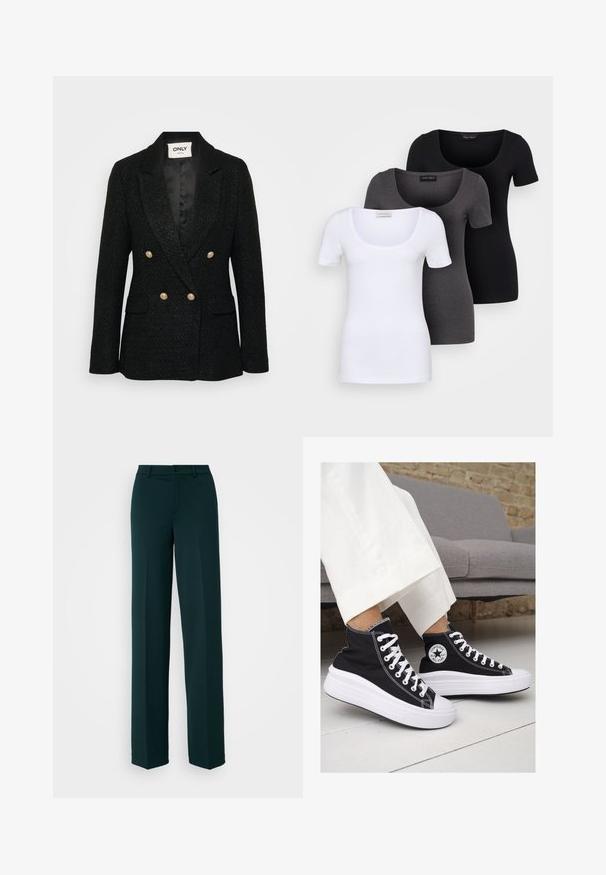 Čierny textúrovaný blejzer s dvojradovým designom, zlatými gombíkmi, klopami a dvoma bočnými vreckami. Podšívka s saténovým povrchom.; Tričko v bielej, šedej a čiernej farbe s priliehavým strihom. Každé má široký výstrih a krátke rukávy. Vyrobené z hladkej, elastickej tkaniny.; ONLY Tall ONLPEACH LIFE WIDE - Nohavice - scarab; Čierne plátkové tenisky s vysokým strihom a bielymi gumovými podrážkami a šnúrkami. Majú okrúhly logotyp na boku a kontrastné biele stehy.