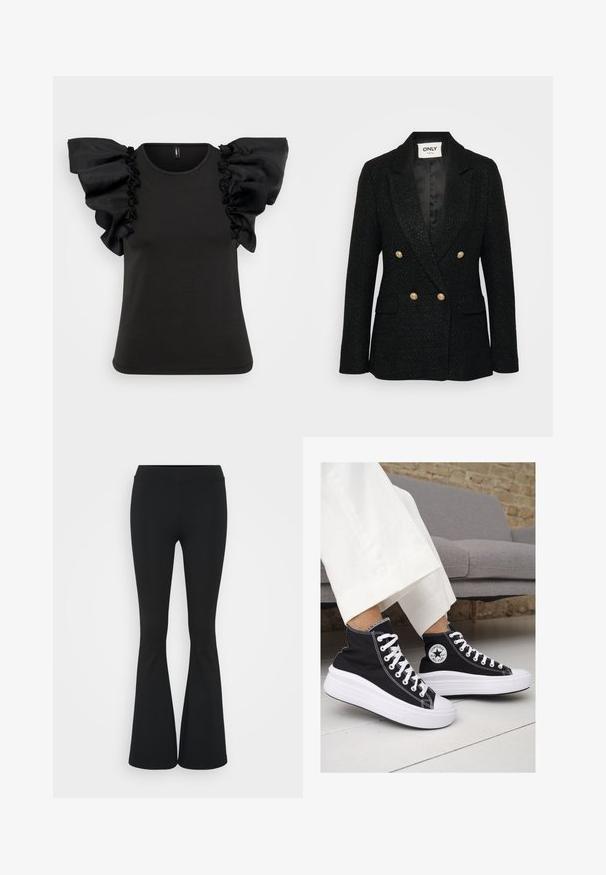 Melnas teksturētas žaketes ar dubulto pogu dizainu, zelta pogām, iegrieztām atlokām un divām sānu kabatām. Oderēta iekšpuse ar satīna apdari.; Melna īsām piedurknēm t-krekls ar lielām, rievotām caurspīdīgām piedurknēm. Izgatavots no mīksta materiāla ar noapaļotu apkakli un pieguļošu siluetu.; Melnas izplešanās bikses, izgatavotas no elastīga auduma, ar augstu vidukli un gludu tekstūru. Bikses izvēršas no ceļa.; Melni kanvas augstpapēžu apavi ar baltām gumijas zolēm un auklām. Ievērojams aplis logotips sānos un kontrastējoša balta šuvums.