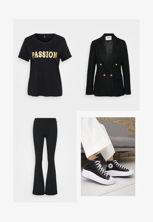 Blazer negro texturizado con un diseño de doble botonadura, botones dorados, solapas con muesca y dos bolsillos laterales. Interior forrado con acabado satinado.; Camiseta de algodón negra con mangas cortas y escote redondo. Presenta texto dorado brillante que dice "PASIÓN" en la parte delantera.; Pantalones negros de campana hechos de una tela elástica, con una cintura alta y una textura suave. Los pantalones se ensanchan desde la rodilla.; Zapatillas altas de lona negra con suelas y cordones de goma blanca. Presentan un logo circular en el lateral y costuras blancas en contraste.