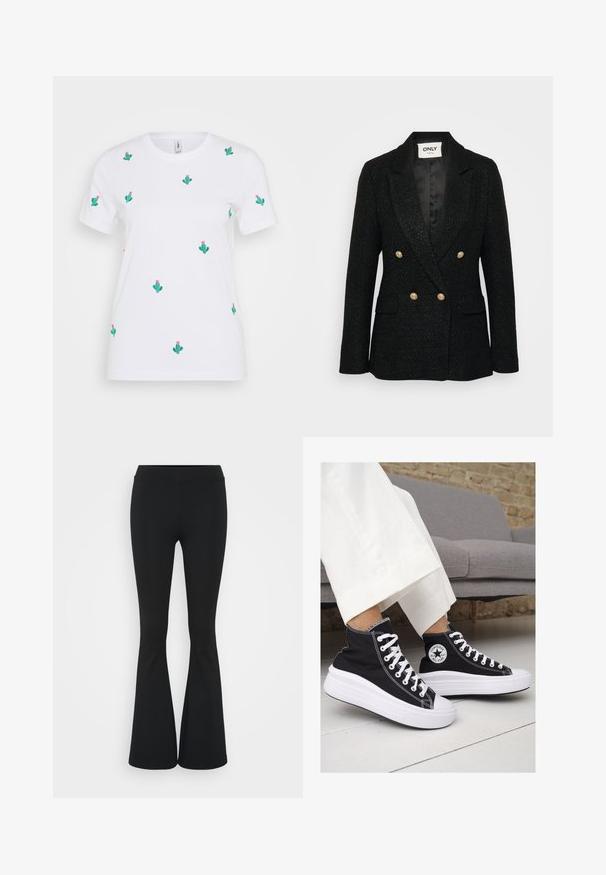 Melnas teksturētas žaketes ar dubulto pogu dizainu, zelta pogām, iegrieztām atlokām un divām sānu kabatām. Oderēta iekšpuse ar satīna apdari.; Balts kokvilnas T-krekls ar īsām piedurknēm, uz kura ir mazi zaļi kaktusi ar rozā ziediem, vienmērīgi izvietoti pa visu audumu.; Melnas izplešanās bikses, izgatavotas no elastīga auduma, ar augstu vidukli un gludu tekstūru. Bikses izvēršas no ceļa.; Melni kanvas augstpapēžu apavi ar baltām gumijas zolēm un auklām. Ievērojams aplis logotips sānos un kontrastējoša balta šuvums.