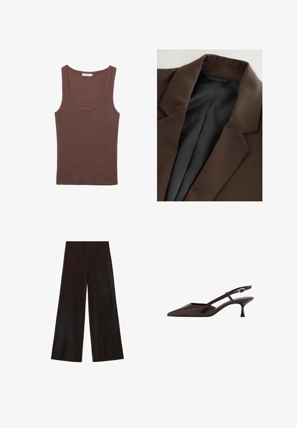 Brown blazer with a smooth, textured fabric. It features a notched collar and a black, striped interior lining. Simple, clean design.; Brown cotton tank top with a rounded neckline and wide shoulder straps, featuring a smooth texture and casual design.; Black wide-leg trousers made of soft fabric, featuring a high waist and smooth texture with clean lines and no visible fastenings.; Dark brown patent leather slingback pump with pointed toe, low kitten heel, and adjustable gold-tone buckle strap.