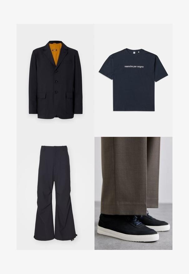 Marinblå kavaj med slag, fyra knappar, två framfickor och ett livligt gult innerfoder. Slät tygstruktur.; Mörkblå kortärmad T-shirt med vit text "neanche per sogno" centrerad på bröstet, rund hals, medium storlek.; Marinblå vida byxor i en mjuk kvalitet, med två framfickor och dragsnöre vid fållen. Ren och skräddarsydd design utan dekorationer.; Svarta mockaskor med vita gummi-sulor, med rund tå och snören, bärs tillsammans med grå skräddarsydda byxor.