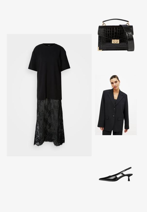 Czarna marynarka o strukturalnym designie, z zapięciem na jeden guzik, klapami w szpic i dwoma przednimi kieszeniami. Gładka tekstura i dopasowany krój.; Czarna sukienka z majtkowym topem i spódnicą z koronkowym nałożeniem. Krótkie rękawy, okrągły dekolt, przezroczysta koronka z kwiatowymi wzorami i strzępione wykończenie.; Czarne lakierowane czółenka na odkrytej pięcie z wąskim noskiem, z wykrojem po bokach i małym kwadratowym obcasem. Gładka faktura z minimalnymi akcentami.; Czarna torebka na ramię z lakierowanej skóry licowej o fakturze krokodyla, ze złotymi akcesoriami, górną rączką oraz odczepianym paskiem na ramię. Prostokątny kształt z klapką.