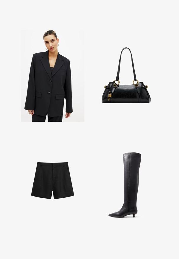 Blazer nero con un design strutturato, chiusura a un bottone, revers a punta e due tasche frontali. Tessuto liscio con una vestibilità su misura.; Camicia bianca a maniche lunghe, corta, con chiusura a bottoni e colletto appuntito, texture liscia e leggero lucido, con orlo dritto.; Shorts neri in lino con vita aderente, tasche laterali e design su misura. Presentano una texture liscia e una parte anteriore piatta senza decorazioni visibili.; Stivali neri in pelle al ginocchio con punta affilata e tacco basso, caratterizzati da una texture liscia e un design minimalista.; Borsa a mano in pelle nera con una texture liscia, forma arrotondata, dettagli in hardware dorato e doppi manici. Presenta un lucchetto decorativo sul lato.