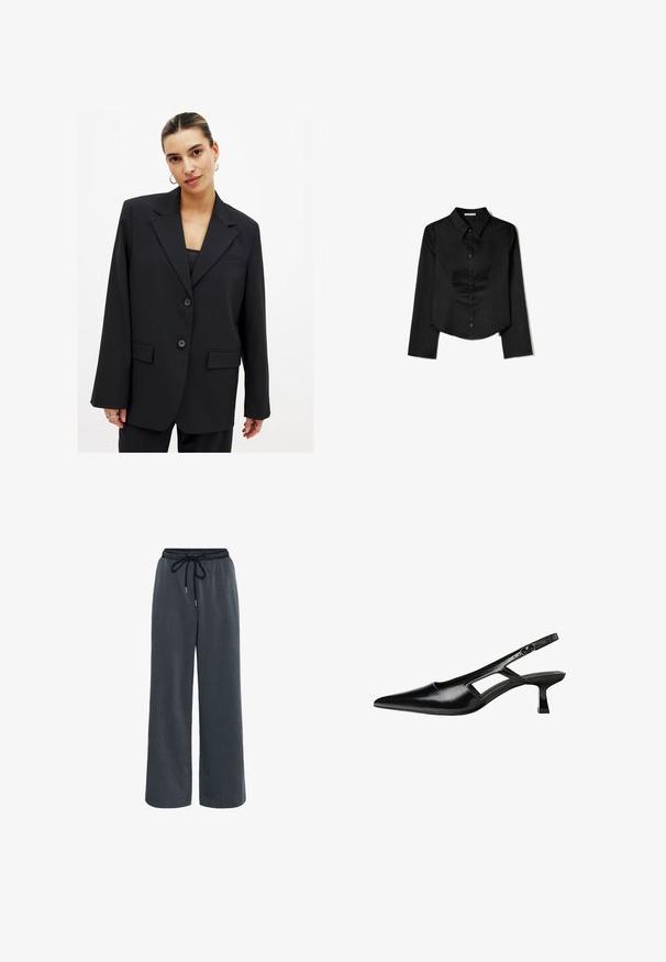 Sort blazer med en struktureret design, enkelt knaplukning, spidse lapeller og to frontlommer. Glat tekstur med en skræddersyet pasform.; Sort langærmet skjorte lavet af glat stof, med en spidse krave, frontlukning med knapper og en cropped kant med sidelæg.; Kaffe NEVIL - Bukser - dark grey melange; Sorte patentlæder slingback hæle med spids tå, udskåret sideskærm og en lille firkantet hæl. Glat tekstur med minimale detaljer.