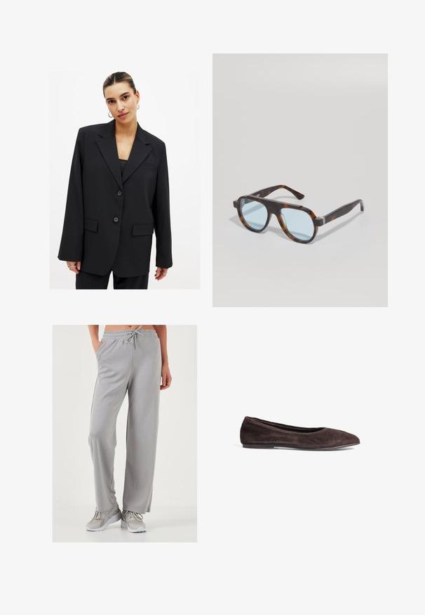 Čierny blazer so štruktúrovaným dizajnom, s jedným gombíkom, klopovými reverzmi a dvoma prednými vreckami. Hladká textúra s upraveným strihom.; Tmavomodrá denimová košeľa s golierom, gombíkovým zapínaním a širokými trojštvrťovými rukávmi s detailmi na manžetách.; Svetlo šedé voľné tepláky z mäkkého, hladkého materiálu; sú vybavené elastickým pásom so šnúrkou a bočnými vreckami.; Hnedé semišové baletky s špicatou špičkou a nízkym profilom. Majú hladký povrch a minimalistický dizajn. Žiadne viditeľné kovanie ani akcenty.; Slnko okuliare z korytnačieho vzoru a modrými sklami. Štvorcový, hrubý rám s jasnými akcentmi pri pántoch. Hladký povrch, bez viditeľných log.