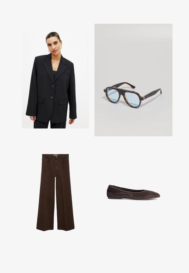 Black blazer with a structured design, single-button closure, notch lapels, and two front pockets. Smooth texture with a tailored fit.; White cotton t-shirt with a crew neckline and short sleeves. Simple design, smooth texture, no patterns or accents.; Brown wide-leg jeans with four pockets, button closure, and belt loops. The fabric has a smooth texture and a solid color without patterns.; Brown suede ballet flat with a pointed toe and low profile. Features smooth texture and minimalistic design. No visible hardware or accents.; Tortoiseshell sunglasses with blue lenses. Square, thick frame design with clear accents near the hinges. Smooth texture, no visible logos.