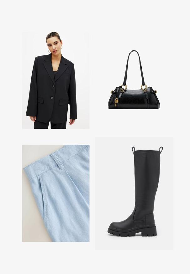 Schwarzer Blazer mit einem strukturierten Design, einknopfverschluß, Reverskragen und zwei aufgesetzten Taschen. Glatte Textur mit taillierter Passform.; Schwarzes Kurzarm-T-Shirt mit V-Ausschnitt und Knopfleiste mit drei Knöpfen. Hergestellt aus weichem, elastischem Stoff. Einfaches, klassisches Design.; Helle blaue Leinenshorts mit einem gefalteten Design, ausgestattet mit einem Bund und Nähdetails. Sanfte Textur und lässiger Stil.; Schwarze kniehohe Stiefel aus glattem Leder mit einer dicken Sohle und leichtem Absatz. Verfügt über Ziehschlaufen und elastische Seitenpanels für ein einfaches Anziehen.; Schwarze Ledertasche mit glatter Textur, runder Form, goldenen Hardware-Akzenten und zwei Griffen. Mit einem dekorativen Schloss an der Seite.