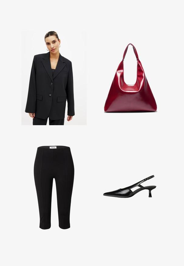 Schwarzer Blazer mit einem strukturierten Design, einknopfverschluß, Reverskragen und zwei aufgesetzten Taschen. Glatte Textur mit taillierter Passform.; Schwarzes Kurzarm-T-Shirt mit V-Ausschnitt und Knopfleiste mit drei Knöpfen. Hergestellt aus weichem, elastischem Stoff. Einfaches, klassisches Design.; Schwarze Capri-Leggings aus dehnbarem Stoff, mit hohem Bund und glatter Textur, ohne sichtbare Muster oder Verzierungen.; Schwarze Lackleder-Slingback-High Heels mit spitzer Zehenform, ausgeschnittenem Seitendesign und kleinem Blockabsatz. Glatte Textur mit minimalen Akzenten.; Rote glänzende Lederhandtasche mit dreieckiger Form, breiter Öffnung oben und einem geschwungenen Griff. Glatte Textur mit minimalen Nähdetails.