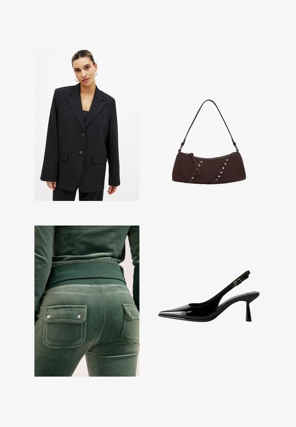 Svart kavaj med en strukturerad design, enkelknappstängning, slagkragar och två framfickor. Slät textur med en skräddarsydd passform.; Vitt bodysuit med fyrkantig halsringning, ärmlös design, slät textur och tryckknappsstängning i botten. Enkel och minimalistisk stil.; Sammetgröna byxor med hög midja, två bakfickor med silverfärgade tryckknappar och en mjuk textur med subtila färgvariationer.; Svart lackläder slingback pumps med spetsig tå, urklippta sidor, justerbart vristband och en tunn, elegant klack.; Brun syntetisk läderhandväska med en böjd form, dragkedjestängning och dekorativa silvernitar längs ena sidan. Har en kort axelrem.