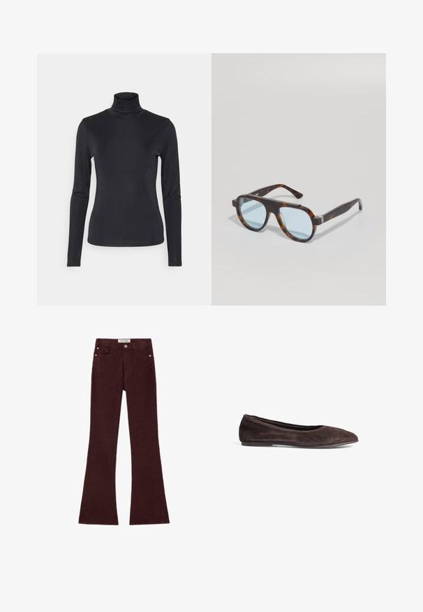 Czarna marynarka o strukturalnym designie, z zapięciem na jeden guzik, klapami w szpic i dwoma przednimi kieszeniami. Gładka tekstura i dopasowany krój.; Czarny golf z długimi rękawami, wykonany z gładkiego, elastycznego materiału. Posiada dopasowany krój i wysoki kołnierz. Minimalistyczny styl, bez widocznych wzorów.; Burgundowe dżinsy z szerokimi nogawkami wykonane z mieszanki bawełny, z pięcioma kieszeniami, metalowymi elementami i gładką fakturą. Klasyczny krój z zamkiem błyskawicznym z przodu.; Brązowe zamszowe baleriny z wąskim czubkiem i niskim profilem. Charakteryzują się gładką fakturą i minimalistycznym wzornictwem. Brak widocznych elementów metalowych lub dekoracji.; Okulary przeciwsłoneczne w kolorze żółwim z niebieskimi szkłami. Kwadratowy, gruby kształt oprawki z przejrzystymi akcentami w pobliżu zawiasów. Gładka tekstura, brak widocznych logo.; ESTRO WŁOSKIEJ ciemnobrązowy