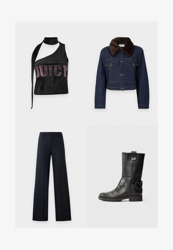 Krótka kurtka jeansowa w ciemnym niebieskim kolorze z brązowym kołnierzem z imitacji futra, wyposażona w dwie kieszenie na piersi oraz wyraźne przeszycia.; Czarny top w stylu halter, wykonany z welurowego materiału, z asymetrycznym krojem i akcentami z cyrkonii, które tworzą napis "JUICY" na przodzie.; Spodnie o szerokich nogawkach w kolorze czarnym. Dopasowany krój z gładką teksturą. Posiada rząd metalowych ćwieków wzdłuż szwów bocznych dla detalu.; Czarne skórzane botki do połowy łydki z podeszwą typu lug, z metką "Love Moschino" blisko góry i ozdobą w kształcie serca po zewnętrznej stronie w pobliżu pięty.