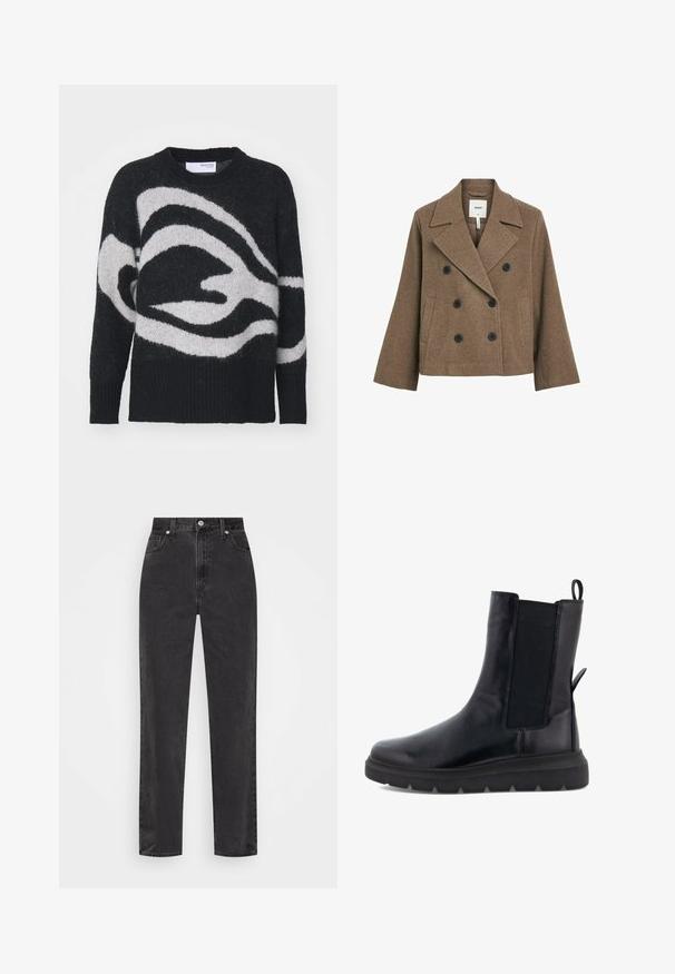 Bordžna volnena mešanica dvojno zapnjen plašč z zareznim ovratnikom, dvema črnima gumboma, stranskima žepoma in prilagojenim krojem. Gladka tekstura.; Črna in siva pletena puloverja s valovitim vzorcem, okroglo izrezano ovratnikom in rebrastimi manšetami za dodaten občutek teksture. Mehka in ohlapna zasnova.; Črne denim hlače s ravnimi nogami in visokim pasom, sprednjim gumbom in zadrgo ter petimi žepi na belem ozadju.; Črne gležnjače iz gladke usnje z elastičnimi stranskimi paneli, zanka za potegovanje na hrbtni strani in debelim gumijastim podplatom.