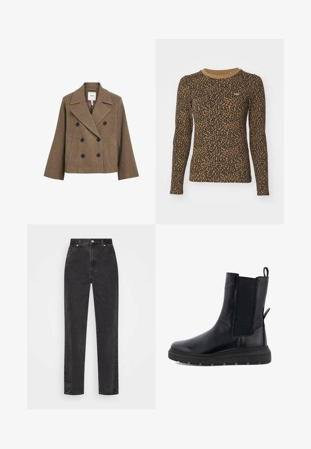 Pruun villasegu topeltäärega mantel notchega kraega, kahe musta nööbiga, küljetaskute ja kohandatud lõikega. Sile tekstuur.; Pruun pikasleevega t-särk, millel on leopardimuster, ümmargune kaelus ja kerge venitus. Ees väike logokleeps.; Sirged mustad teksapüksid kõrge vöökohaga, esi-nupp ja tõmblukk, viie taskuga stiil valgel taustal.; Mustad mustad, mis on valmistatud siledast nahast, elastsete külgpaneelidega, taga tõmbeaugu ning paksu kummitaldaga.