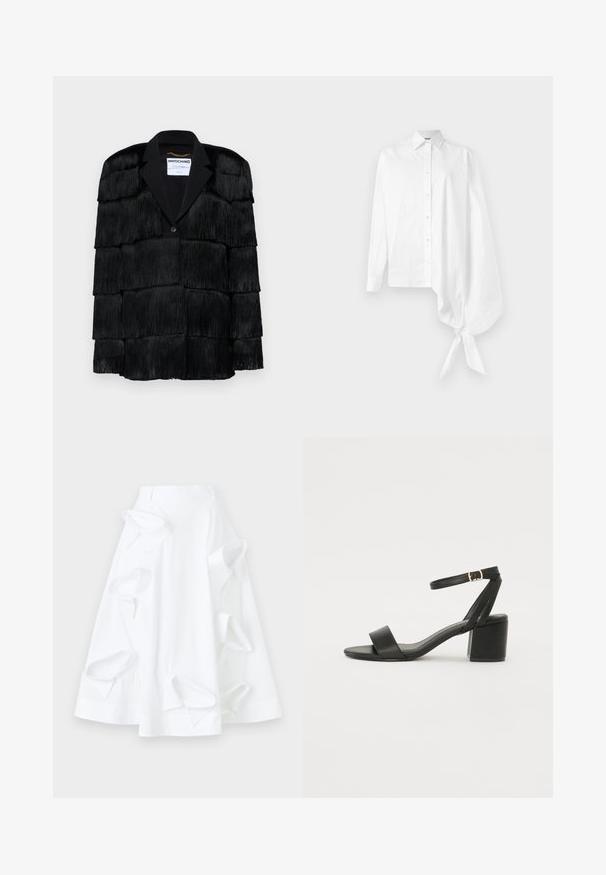 Mustalöök, millel on kihiline frantsiitdetail, sisselõigatud krae ja ühe nupuklõpsuga sulgemine. Pehme tekstuur, struktureeritud disain.; Valge pikakätiline nööpidega särk, millel on asümmeetriline, ülevõetud varrukas, sidunud paremal küljel randme ümber.; Valge A-silhuetiga puuvillase seeliku, millel on ülemõõdulised lõikeavad ja sile tekstuur. Sisaldab struktureeritud vööd.; Mustad mustakäpp featuring a sileda nahast ülemine osa, avatud varvas, laiad esistrapid ja reguleeritav pahkluu rihm kuldse pandlaga.