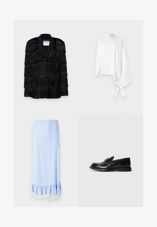 Juoda striukė su sluoksniuotais kutais, įpjovimu ant apykaklės ir vienu mygtuko uždarymu. Švelni tekstūra, struktūruotas dizainas.; Balta ilga rankovėmis marškiniai su asimetriškos formos per dideliu surinktų rankovių dizainu, surištomis ties riešu dešinėje pusėje.; Šviesiai mėlyna satino sijonas su volaniniu kraštu, papuoštas balto nėriniu ir subtiliomis gėlėmis visame audinyje. Elastinga juosmens juosta.; Juodas odinis loafersas su siuvinėjimu, maža priekine skiltimi ir plokščiu guminiu padu. Lygus paviršius su aukso tono detalėmis.