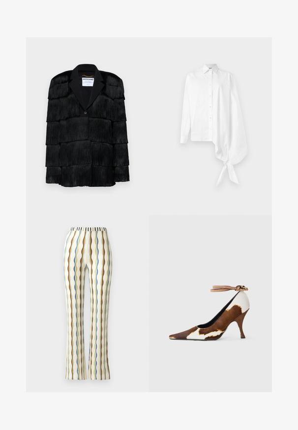 Svart jacka med lager av frynser, en klädd krage och en enkel knappstängning. Mjuk textur, strukturerad design.; Vit långärmad skjorta med knappar och en asymmetrisk oversized sammanknuten ärm vid handleden på höger sida.; Utsvängda byxor i ett texturerat tyg med vertikala ränder i blå, brun, grön och gul färg, med en randig midja.; Brun och vit kossa mönster högklackad sko med spetsig tå, texturerad yta och en ankelrem med ett ljusbrunt spänne.
