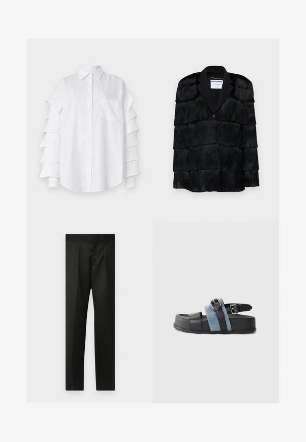 Jachetă neagră cu detalii din franjuri stratificate, rever decupat și închidere cu un singur nasture. Textură moale, design structurat.; Cămașă albă cu guler, având mâneci cu volane în straturi, un buzunar pe piept și închidere cu butoni; confecționată dintr-un material ușor de bumbac.; Pantaloni negri cu un material neted, design croit, picioare drepte și un talie plată fără închideri sau buzunare vizibile.; Sandală neagră și albastră cu o platformă groasă, din material din piele și denim, cu cataramă reglabilă și design cu vârf deschis.