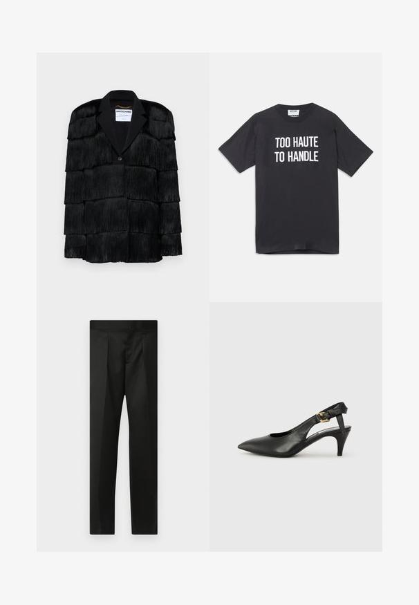 Svart jacka med lager av frynser, en klädd krage och en enkel knappstängning. Mjuk textur, strukturerad design.; Svart bomullströja med korta ärmar och rund halsringning, med vit text som står "TOO HAUTE TO HANDLE" på framsidan.; Svarta byxor med en slät tygkvalitet, skärning, raka ben och en platt midja utan synliga stängningar eller fickor.; Svart läder slingback pump med spetsig tå, liten klack och spänne detaljerad på vristremmen. Slät textur, minimalistisk design.