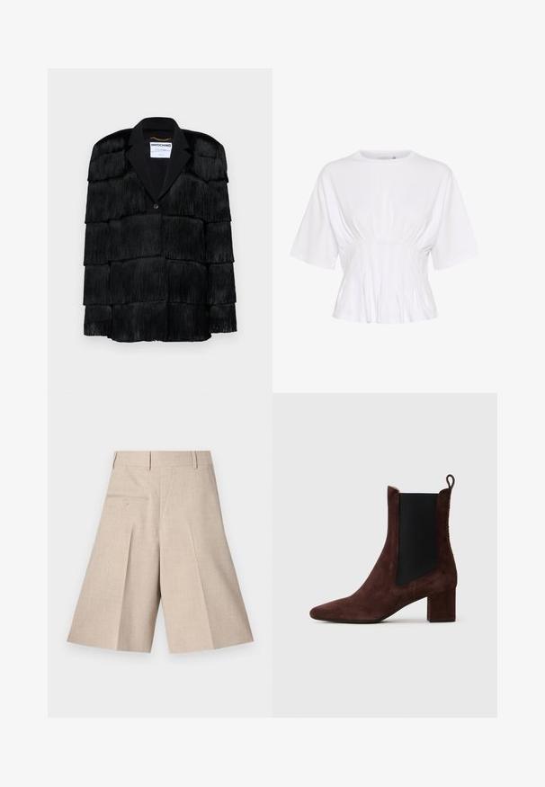 Μαύρο σακάκι με επάλληλες φράντζες, γιακά με εγκοπή και κλείσιμο με ένα κουμπί. Μαλακή υφή, δομημένος σχεδιασμός.; Λευκή κοντομάνικη μπλούζα από μαλακό ύφασμα, με στρογγυλή λαιμόκοψη και συγκεντρωμένες λεπτομέρειες στη μέση για εφαρμοστό στυλ.; MM6 Maison Margiela Σορτς - taupe; Σκούρο καφέ σουέτ μποτάκι μέχρι τον αστράγαλο με χοντρό τακούνι, μαύρη ελαστική πλευρική επένδυση και θηλιά στο πίσω μέρος σε ανοιχτό φόντο.