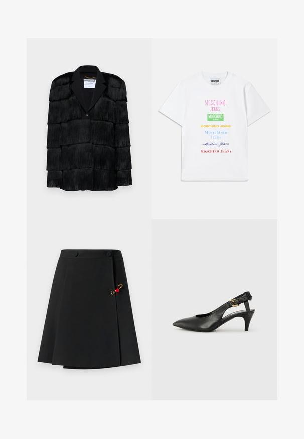 Schwarze Jacke mit geschichteten Fransendetails, einem Spitzrevers und einem einzelnen Knopfverschluss. Weiche Textur, strukturierte Gestaltung.; Weißes Baumwoll-T-Shirt mit mehreren Textlogos in Pink, Grün, Gelb, Blau und Rot, die vertikal auf der Vorderseite angeordnet sind.; Schwarzer Rock mit schwingendem Design, ausgestattet mit zwei vorderen Knöpfen und einem goldenen Akzent mit einem roten Herzdetail an der Seite. Glatte Stofftextur.; Schwarze Leder Slingback-Pumpe mit spitzem Absatz, kleinem Absatz und einer Schnalle am Knöchelriemen. Glatte Textur, minimalistisches Design.