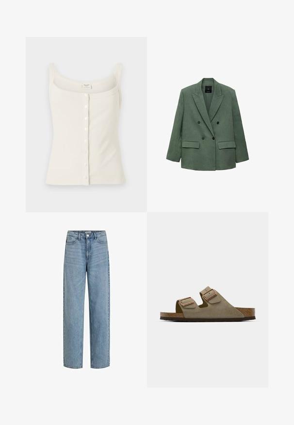 Grüner Leinen-Doppelreiher-Blazer mit Reverskragen, zwei vorderen Taschen und schwarzen Knöpfen. Strukturierte Form und glatte Textur.; Cremfarbener, gerippter Tanktop mit verstellbaren Spaghettiträgern, vorderem Knopfverschluss und glatter Textur. Das Etikett befindet sich innen.; Helleblaue, hochgeschnittene Jeans aus Denim. Mit geraden Beinen, fünf Taschen und einem Frontknopfverschluss.; Helle taupe Wildledersandale mit zwei verstellbaren Riemen und rose-goldener Hardware. Korkfußbett auf einer strukturierten braunen Sohle. Offenes Zehendesign.