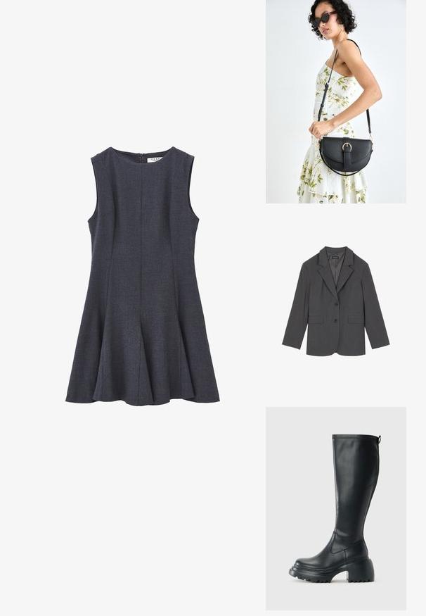 Grauer Blazer mit Reverskragen, zwei Fronttaschen und zwei Knöpfen. Glattes Material mit einem dezenten Webmuster, taillierte Passform und langen Ärmeln.; Ärmelloses, dunkelgraues Kleid mit einem taillierten Oberteil und weitem A-Linien-Rock, aus strukturiertem Stoff gefertigt; verfügt über einen Reißverschluss im Rücken.; Hoher schwarzer Lederstiefel mit einer robusten Plateausohle und Blockabsatz, der über eine Zuglasche und ein strukturiertes Profil an der Außensohle verfügt.; Schwarze Lederhandtasche mit geschwungener Form, abnehmbarem Tragegurt und goldenen Beschlägen. Die Tasche verfügt über einen Deckel mit einer Schnallen-Details.