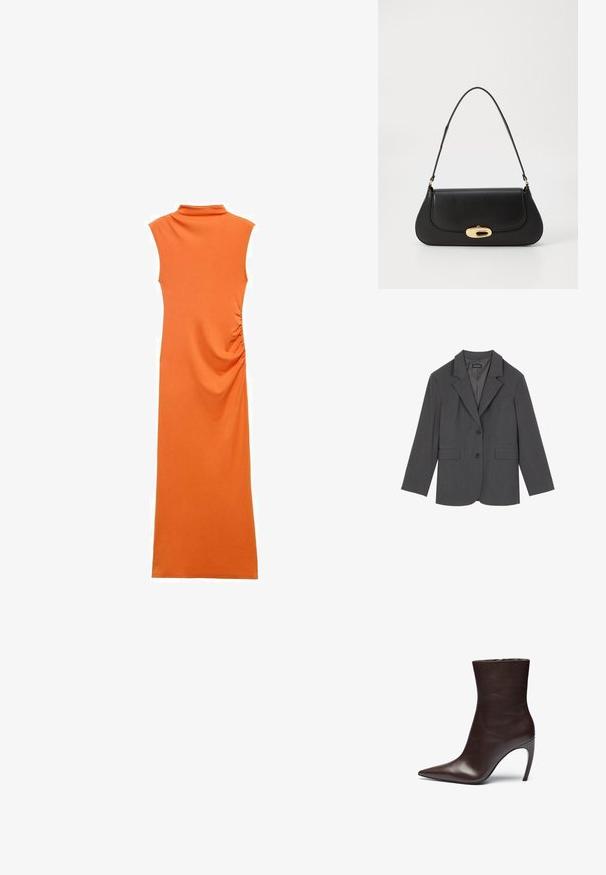 Grauer Blazer mit Reverskragen, zwei Fronttaschen und zwei Knöpfen. Glattes Material mit einem dezenten Webmuster, taillierte Passform und langen Ärmeln.; Orangenes ärmelloses Kleid mit hohem Kragen, seitlichem Raffung und einer langen, engen Silhouette aus weichem, dehnbarem Stoff.; Braune Leder-Stiefelette mit spitzer Zehenpartie, schlankem Profil und hohem Stiletto-Absatz. Sie hat eine glatte Textur und ein minimalistisches Design.; Schwarze Lederhandtasche mit geschwungenem Design, Beschlägen in Goldfarbe und einem oberen Griff. Verfügt über einen eleganten Verschluss und eine glatte Textur.