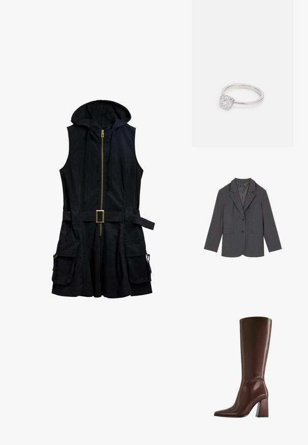Gray blazer with notched lapels, two front pockets, and two buttons. Smooth fabric with a subtle weave pattern, structured fit, and long sleeves.; Black sleeveless dress with a hood, front zipper, and a belt. Features side pockets with hardware accents and a relaxed fit.; Brown knee-high leather boot with pointed toe and chunky mid-height heel shown in side profile on white background.; Silver ring featuring a round, clear stone surrounded by small accents, with a smooth, polished band and a classic setting design.