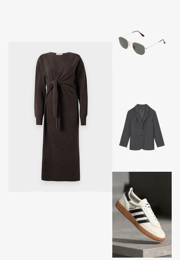 Sacou gri cu rever clasic, două buzunare frontale și două butoane. Material neted cu un model de țesătură subtil, croială structurată și mâneci lungi.; Rochie tricotată maro cu mâneci lungi, design tip wrap cu un nod frontal și manșete cu nervuri, până la lungimea de jumătatea gambei.; Sneakers albe din suede cu dungi bleumarin, talpă din cauciuc, suprafață texturată, bot rotund și șireturi; prezintă brand pe lateral și pe limbă.; Ochelari de soare cu ramă din metal auriu și lentile de culoare verde închis, stil aviator, cu brațe subțiri și accente din fâscă pe vârfuri.