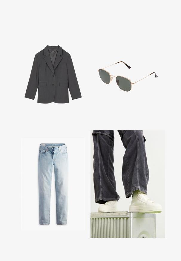 Šedý blazer s klopami, dvěma předními kapsami a dvěma knoflíky. Hladká látka s jemným tkaným vzorem, strukturovaný střih a dlouhé rukávy.; Šedý svetr s kulatým výstřihem, dlouhými rukávy a pružnými manžetami. Materiál se zdá být měkký, s jemnou strukturou a mírně volným střihem.; Světle modré denimové džíny s rovnými nohavicemi, dvě přední kapsy a dvě zadní kapsy. Obsahují dvouknoflíkový zip a jemné prošívání.; Vysoké tenisky z off-white plátna s gumovými podešvemi, detailním šitím a kulatým logem, doplněné o tmavě šedé široké cargo kalhoty.; Sluneční brýle s kovovým zlatým rámem a tmavě zelenými skly, styl aviatorek, s úzkými obroučkami a želvovinovými akcenty na špičkách.; Hnědá semišová kabelka přes rameno s zakřiveným tvarem, kontrastním prošíváním, zlatými kovovými akcenty a zipovou přední kapsou.