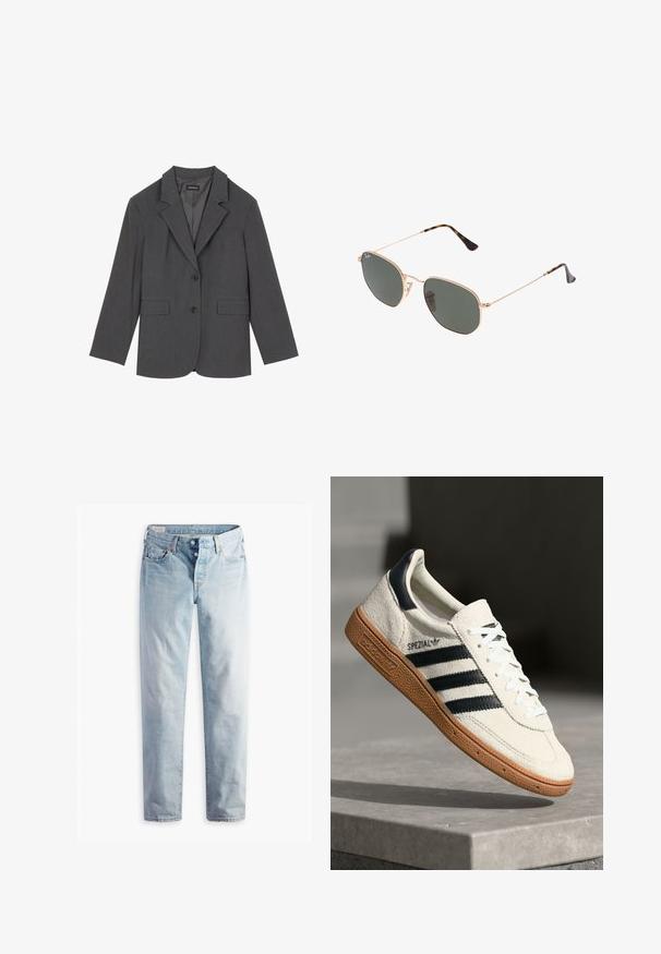 Hall blazer, millede pitsade, kahte esist taskut ja kahte nuppu. Sile kangas koos peene kudumise mustriga, struktureeritud lõige ja pikad varrukad.; Hallide hall, millel on ümar kaelus, pikad varrukad ja soonikäärid. Kangas näeb välja pehme, kerge tekstuuriga ja veidi vabalt istuv.; Heledad sinine denimidest püksid sirge lõikega, kahe esipocketi ja kahe tagataskuga. Omandab kahekaupa nööbivahendi ja peene õmbluse.; Valge suede toss, millel on tumesinised triibud, kummist alus, tekstureeritud pealis, ümar varvas ja paelad; külgedel ja keelel on brändingu elemendid.; Kuldne metallraamiga prillid tumeroheline lensega, piloot-stiil, millel on õhukesed käepidemed ja kilpkonna mustriga aktsendid otstes.; Koorimust dadad kott, millel on kõver kuju, kontrastsed õmblused, kuldsete metallist detailide aktsendid ja tõmblukuga esikott.