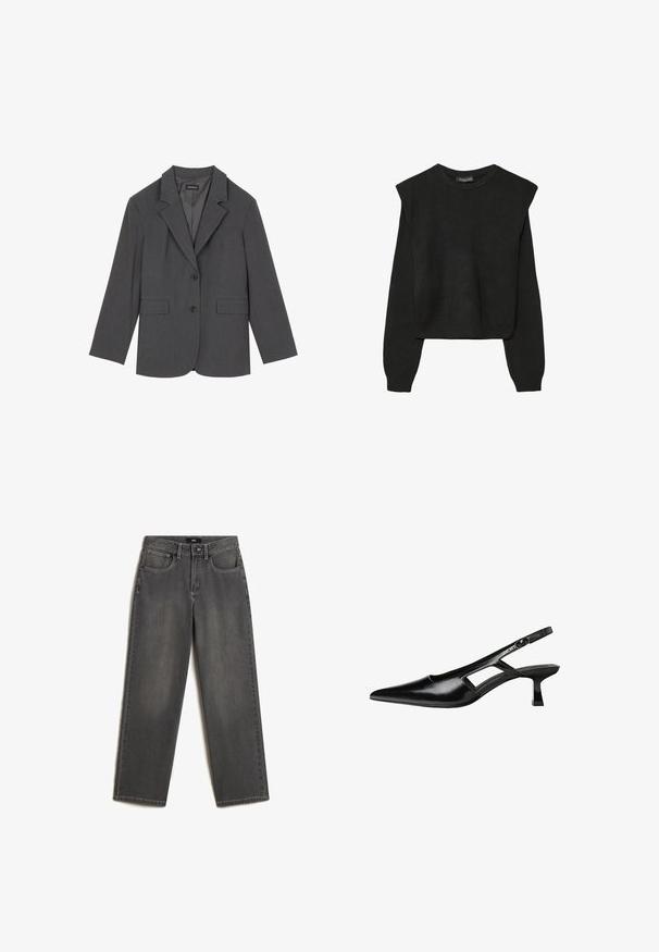 Szary żakiet z klapami, dwoma przednimi kieszeniami i dwoma guzikami. Gładki materiał z delikatnym wzorem tkanym, dopasowany krój i długie rękawy.; Czarny, długi sweter z dzianiny z poduszkami na ramionach oraz prążkowanymi mankietami i dołem, pokazany na białym tle.; Szare dżinsy o szerokich nogawkach wykonane z denimu. Posiadają pięć kieszeni, zapięcie na guzik oraz zamek z przodu oraz subtelne wyblaknięcia na tkaninie.; Czarne lakierowane czółenka na odkrytej pięcie z wąskim noskiem, z wykrojem po bokach i małym kwadratowym obcasem. Gładka faktura z minimalnymi akcentami.