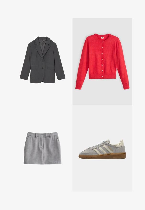 Grauer Blazer mit Reverskragen, zwei Fronttaschen und zwei Knöpfen. Glattes Material mit einem dezenten Webmuster, taillierte Passform und langen Ärmeln.; Rote Strickjacke aus weichem Stoff mit Rundhalsausschnitt, langen Ärmeln und durchgehender Knopfleiste. Verfügt über passende Knöpfe.; Graues Peplum-Top mit strukturiertem, ärmellosem Design. Hergestellt aus glattem Stoff, mit senkrechten Nähten und geradem Halsausschnitt.; Grau maßgeschneiderte Shorts mit einer subtilen Textur, flachem Vorderteil, Gürtelschlaufen und zwei Seitentaschen. Einfaches und funktionales Design.; Graue Wildledersneaker mit hellgrauen Lederstreifen und einer Sohle aus Gummi. Zu den Merkmalen gehören eine Schnürung und dezente Markenkennzeichnung auf der Zunge.