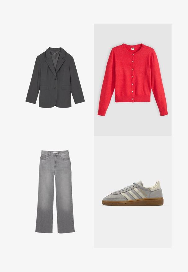 Szürke blézer, rugós hajtókákkal, két elülső zsebbel és két gombbal. Simább anyag finom szövési mintával, struktúrált fazon, hosszú ujjakkal.; Piros kardigán puha anyagból, kerek nyakkivágással, hosszú ujjakkal és gombos elejével. Illeszkedő gombokkal rendelkezik.; Szürke peplum felső, struktúrált, ujjatlan dizájnnal. Simaságú anyagból készült, függőleges varrásokkal és egyenes dekoltázzsal.; Szürke farmer, bő szárú nadrág, magas derékkal, öt zsebbel és nyers szegéllyel. Puha tapintású, fakó mosással a vintage megjelenésért.; Szürke velúr sportcipők világosszürke bőr csíkkal és gumi talppal. Jellemzői közé tartozik a fűzős záródás és a diszkrét logó a nyelvén.