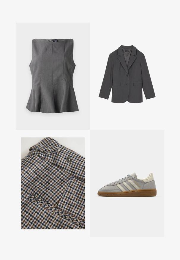 Blazer gris con solapas en pico, dos bolsillos frontales y dos botones. Tejido suave con un patrón de tejido sutil, corte estructurado y mangas largas.; Cárdigan rojo de tejido suave con cuello redondo, mangas largas y cierre de botones en la parte delantera. Presenta botones a juego.; Top peplum gris con un diseño estructurado sin mangas. Hecho de una tela suave, presenta costuras verticales y un escote recto.; Next REGULAR FIT - CHECK BARREL TAILORED - Pantalones - brown; Zapatillas de ante gris con rayas de cuero gris claro y suela de goma. Las características incluyen cierre con cordones y una marca sutil en la lengüeta.