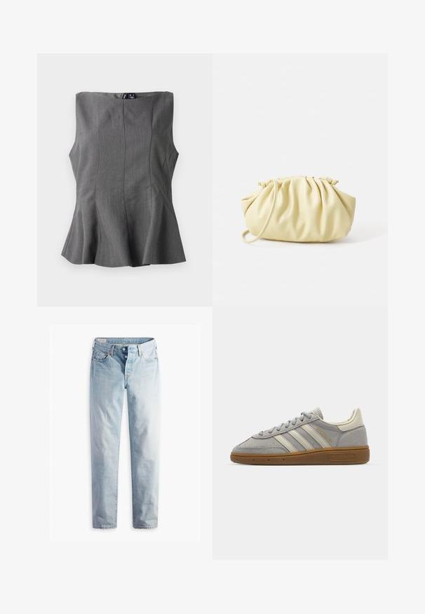 Pelēks žakets ar iegrieztiem klāniem, divām priekšējām kabatām un diviem pogām. Gluds audums ar smalku auduma rakstu, strukturēta piegriezuma un garām piedurknēm.; Sarkans kardigans, kas izgatavots no mīksta auduma, ar apaļu kakla izgriezumu, garām piedurknēm un pogājamām priekšējām daļām. Iekļauj atbilstošas pogas.; Pelēks peplum tops ar strukturētu, bez piedurknēm dizainu. Izgatavots no gludas auduma, ar vertikālām šuvēm un taisnu dekoltē.; Gaiši zili džinsi ar taisno kāju griezumu, divām priekšējām kabatām un divām aizmugurējām kabatām. Ietver divu pogu jostas aizdari un smalkas šuves.; Pelēki zamšādē sneakers ar gaiši pelēkiem ādas svītrainēm un gumijas zoli. Iespējas ietver šņorēšanu un smalku zīmolu uz mēles.; Dzeltena plisētā rokas soma, izgatavota no gludas mākslīgās ādas, ar mīkstu formu, vienu plecu siksnu un sakrautu augšdaļu.