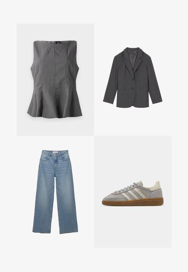 Grå kavaj med slag, två framfickor och två knappar. Slät tyg med en subtil vävstruktur, strukturerad passform och långärmade.; Röd kardiagan i mjukt tyg med rund halsringning, långa ärmar och knäppning framtill. Har matchande knappar.; Grå peplumtop med en strukturerad, ärmlös design. Tillverkad av slätt tyg, med vertikala sömmar och en rak halsringning.; Ljusblå vida jeans i denim. Utrustade med hög midja, fem fickor och rak passform med minimal blekning.; Grå mockasneakers med ljusgrå läderlinjer och en gummigummi-sula. Funktioner inkluderar snörning och diskret logotyp på tungan.