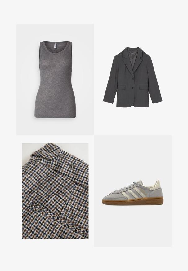 Blazer grigio con rever a punta, due tasche frontali e due bottoni. Tessuto liscio con un delicato motivo a trama, vestibilità strutturata e maniche lunghe.; Cardigan rosso realizzato in tessuto morbido con scollatura rotonda, maniche lunghe e chiusura frontale con bottoni. Presenta bottoni abbinati.; Samsøe Samsøe SONNET TANK - Top - grey; Top peplum grigio con design strutturato e senza maniche. Realizzato in tessuto morbido, presenta cuciture verticali e scollatura dritta.; Next REGULAR FIT - CHECK BARREL TAILORED - Pantaloni - brown; Sneakers in suede grigio con strisce in pelle grigia chiara e suola in gomma color gomma. Le caratteristiche includono chiusura con lacci e branding sottile sulla linguetta.