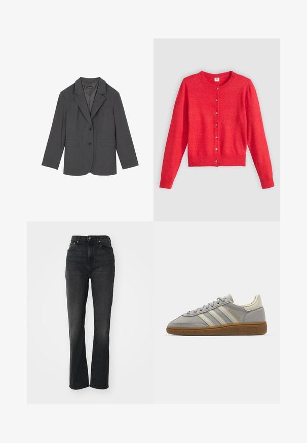 Grå blazer med snittlapler, to frontlommer og to knapper. Glatt stoff med et subtilt vevemønster, strukturert passform og lange ermer.; Rød cardigan laget av mykt stoff med rund hals, lange ermer og knapplukking foran. Har matchende knapper.; Høytlivte svarte denimjeans med rette ben, fem-lommers design, frontknapping og minimal sømdetalj.; Grå semskede sneakers med lysegrå læderstriber og en gummi sål. Funktioner inkluderer snørebåndslukning og diskret branding på tungen.