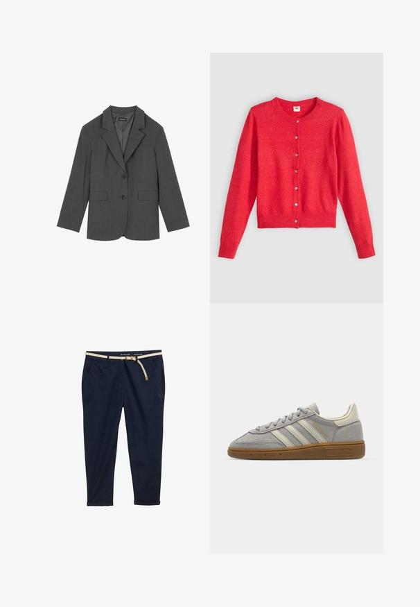 Grauer Blazer mit Reverskragen, zwei Fronttaschen und zwei Knöpfen. Glattes Material mit einem dezenten Webmuster, taillierte Passform und langen Ärmeln.; Rote Strickjacke aus weichem Stoff mit Rundhalsausschnitt, langen Ärmeln und durchgehender Knopfleiste. Verfügt über passende Knöpfe.; Marineblaue Chinos mit einem gewebten cremefarbenen Gürtel. Mit zwei seitlichen Taschen, einem entspannten Schnitt und umgeschlagenen Säumen an den Knöcheln. Baumwollstoff.; Graue Wildledersneaker mit hellgrauen Lederstreifen und einer Sohle aus Gummi. Zu den Merkmalen gehören eine Schnürung und dezente Markenkennzeichnung auf der Zunge.