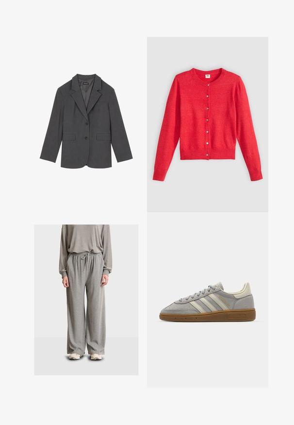 Gray blazer with notched lapels, two front pockets, and two buttons. Smooth fabric with a subtle weave pattern, structured fit, and long sleeves.; Red cardigan made of soft fabric with a round neckline, long sleeves, and a button-down front. Features matching buttons.; Gray high-waisted sweatpants with a drawstring waist, wide-leg design, and soft, smooth texture, paired with beige sneakers.; Gray suede sneakers with light gray leather stripes and a gum rubber sole. Features include lace closure and subtle branding on the tongue.