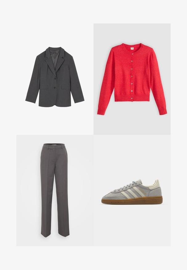 Sacou gri cu rever clasic, două buzunare frontale și două butoane. Material neted cu un model de țesătură subtil, croială structurată și mâneci lungi.; Cardigan roșu dintr-un material moale, cu guler rotund, mâneci lungi și un închidere cu nasturi în față. Are nasturi asortați.; Pantaloni gri cu croi ajustat, design cu picior dreapt, bucle pentru curea și o textură a materialului netedă. Fără modele vizibile sau embellishments.; Adidași din suede gri, cu dungi din piele gri deschis și talpă din cauciuc de tip gumă. Include închidere cu șireturi și un branding discret pe limbă.