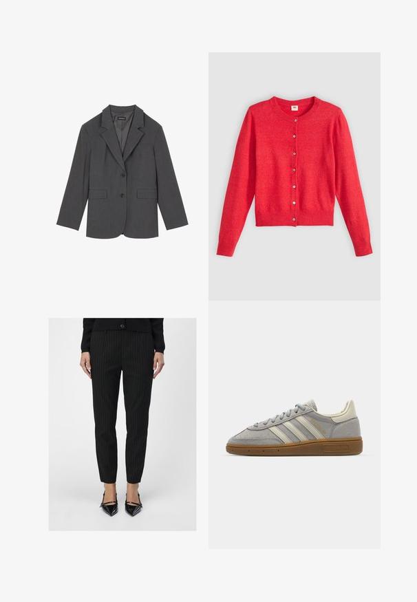 Gray blazer with notched lapels, two front pockets, and two buttons. Smooth fabric with a subtle weave pattern, structured fit, and long sleeves.; Red cardigan made of soft fabric with a round neckline, long sleeves, and a button-down front. Features matching buttons.; Black pinstriped trousers feature a tailored fit with a smooth texture. Paired with shiny black pointed-toe heels, showcasing sleek lines.; Gray suede sneakers with light gray leather stripes and a gum rubber sole. Features include lace closure and subtle branding on the tongue.