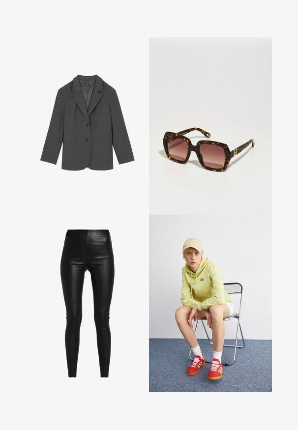 Grijze blazer met geplooide revers, twee voorzakken en twee knopen. Gladde stof met een subtiel geweven patroon, gestructureerde pasvorm en lange mouwen.; Grijze gebreide coltrui met een ontspannen pasvorm, geribbelde mouwen en onderkant, en een gevarieerde structuur. De achterkant is eenvoudig zonder verdere details.; Rode mouwloze top met een gedrapeerde halslijn, asymmetrische zoom en strikdetail bij de taille. Gemaakt van een lichtgewicht, doorschijnende stof.; Zwarte nepleer leggings met een hoge taille, een figuurvolgend ontwerp, een gladde textuur en geen zichtbare naden of versieringen.; Lichtgroene hoodie met logo, witte shorts, rode sneakers met witte strepen, zittend op een chroom opvouwstoel tegen een neutrale achtergrond.; CHLOÉ Zonnebril - havana/red; Zwarte leren handtas met een gebogen ontwerp, goudkleurige accenten en een bovenhandvat. Heeft een strakke sluiting en een gladde textuur.